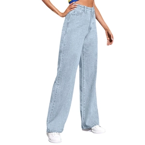Detail view of high waist wide leg jeans in light blue denim fabric for women