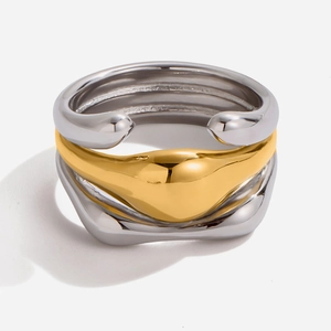 Stainless Steel Mixed Gold Silver Two-Tone Triple Layer Hollow Hammered Texture Open Ring Minimalist Fashion Ring For Women