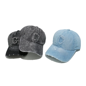 Distressed vintage denim baseball caps with C embroidery in three washed color tones