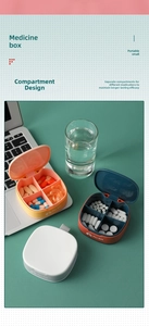 Detail of portable four-compartment pill box with secure silicone seal and clear lid