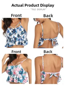 Detail view of tropical palm and floral print bikini tops with ruffle hem and lace-up back