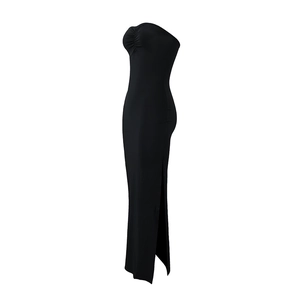 Detail of slim fit black strapless maxi dress with side slit and pleated chest design