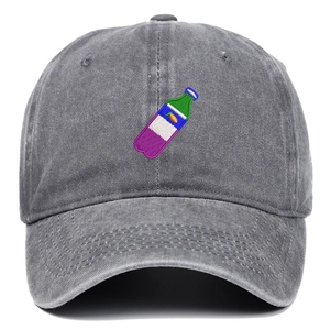 Detailed close-up of colorful beverage bottle embroidery on washed grey cotton baseball cap