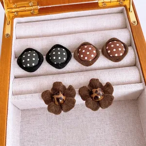 Vintage Polka Dot Fabric Rhombus Flower Stud Earrings With 925 Sterling Silver Earring Post Alloy Jewelry For Women