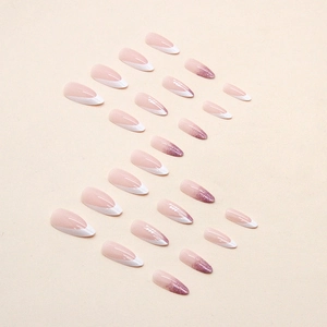 Elegant almond press-on nails with white French tips and purple glitter gradient design
