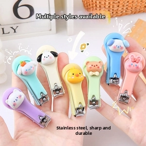 Close-up of colorful cartoon animal stainless steel nail clippers in seven pastel shades