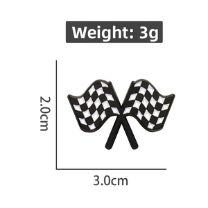 Detailed view of checkered racing flag brooch with 2.0cm height and 3.0cm width specs