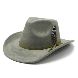 Grey faux suede cowboy hat with olive green band and spotted feather decoration