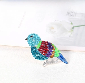 Dettaglio della spilla a uccello con strass multicolore in tonalità blu, rossi e verdi