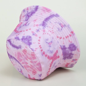 Pink and purple tie-dye bucket hat with reinforced brim and artistic street style design