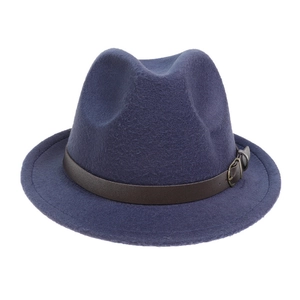 Detailed close-up of dark blue felt fedora hat featuring a brown leather belt with buckle