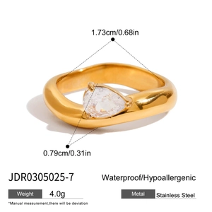 Waterproof gold stainless steel ring with pear-shaped cubic zirconia stone for women