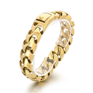Men's punk style gold vacuum-plated stainless steel curb chain bracelet with square clasp
