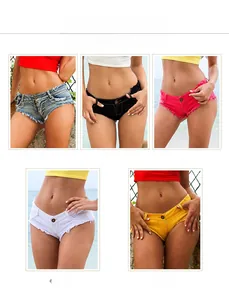 Dettaglio degli shorts di jeans con bordi sfrangiati in blu nero rosa bianco e giallo