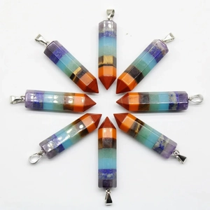 Set of eight 7-chakra hexagonal crystal pendants with vibrant layered healing stones