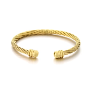 Minimalist 18K gold plated cable wire twisted open cuff bracelet with bead ends