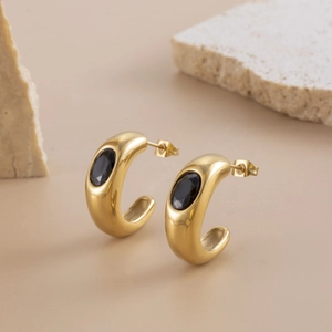 French vintage C-shaped gold-plated stainless steel earrings with black gemstone