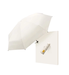 Detail view of cream five-fold sun umbrella with UPF50+ tag and portable storage case