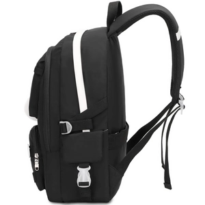 Side view of black nylon backpack showing thick padded straps and white adjustable buckles