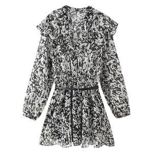 Mini Kleid Schwarz Weiß Blumenmuster Chiffon V-Ausschnitt Rüschen Langarm Mit Gürtel Elegant Für Damen