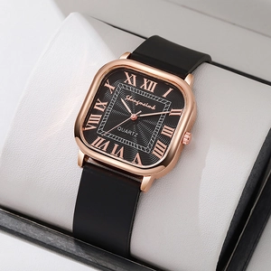 Montre À Quartz Pour Femme Boîtier Carré Or Rose Chiffres Romains Bracelet En Silicone Mode Vintage Élégante