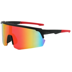 Sport cycling sunglasses with red-black frame and orange gradient mirrored lenses