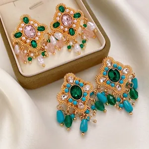 Vintage Palace Style Geometric Dangle Earrings Alloy Rhinestone Imitation Artificial Pearl With Silver Earring Post For Women