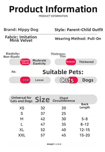 Size chart for pet clothing with chest and back measurements for small dogs from XS to XXL