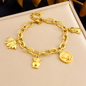 18K Gold Plated Stainless Steel Charm Bracelet For Women Owl Bee Rose Beetle Pendants Fashion Jewelry Adjustable Link Chain