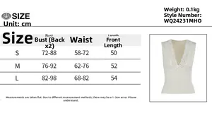 Size chart table for V-neck lace tank top with bust, waist and length measurements