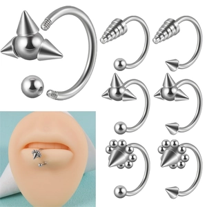 Stainless Steel Horseshoe Ring Body Piercing Jewelry Spiked Conical Beaded Curved Barbell Punk Style For Lip Nose Ear