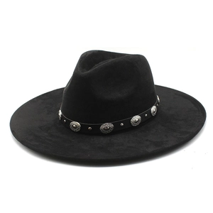 Wide Brim Fedora Hat Suede Polyester Western Cowboy Style With Faux Leather Rivet Band Retro Ethnic For Men Women