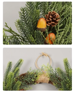 Close-up of Christmas wreath showing realistic pine needles, pine cones and acorns details