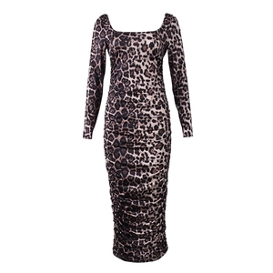 Detail view of square neck leopard print dress with ruched body and long sleeves
