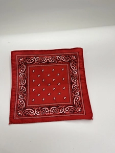 Detailed top view of a red paisley pattern bandana for small party hats and dolls