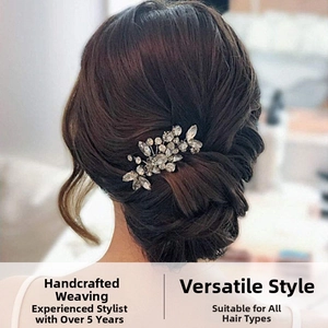 Detail of handmade bridal hair comb with silver finish and sparkling crystal rhinestones