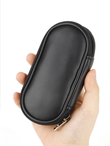 Close-up of black PU leather portable zipper pouch for mini makeup brush set