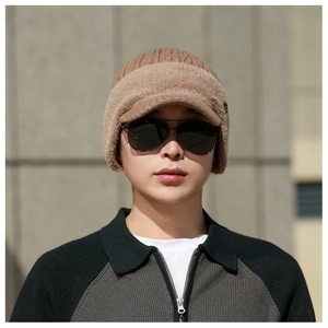 Detail of men's winter knit hat with earflaps and thick faux fur lining in khaki