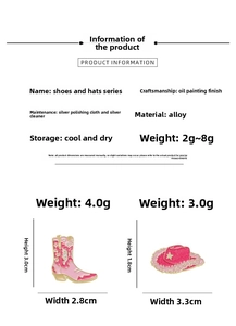 Detail specifications of pink enamel cowboy boot and hat badges with alloy material