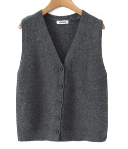 Detail view of dark grey V-neck knit vest with five buttons and ribbed hem finish