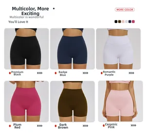 Detail of high waisted seamless yoga shorts in ribbed knit fabric with multiple colors