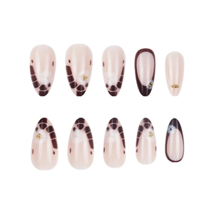 French almond press-on nails with leopard patterns, brown plaid motifs and gold beads