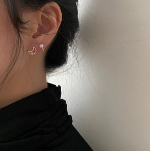 Minimalist 925 sterling silver crescent moon and freshwater pearl earring set for women