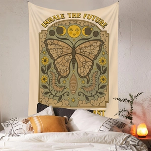 Bohemian butterfly wall tapestry with moon phases for aesthetic bedroom decor