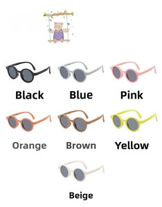 Foldable round kids sunglasses shown in black, blue, pink, orange, coffee, yellow and beige