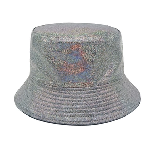 Close-up of holographic silver bucket hat with metallic texture and laser reflective finish