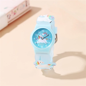 Cute unicorn rainbow kids watch with light blue silicone strap and cartoon dial design