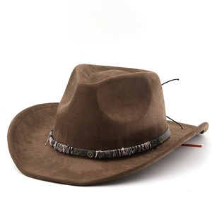 Brown suede western cowboy hat with steampunk gear band and curved brim on white background