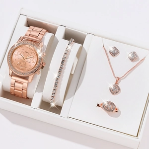 Elegant 5-piece rose gold jewelry set with Geneva watch, necklace, and crystal ring