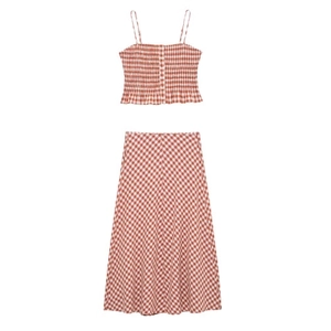 Gingham Cami Top And A-Line Midi Skirt Smocked Button Front Adjustable Straps Sweet Style Women Polyester